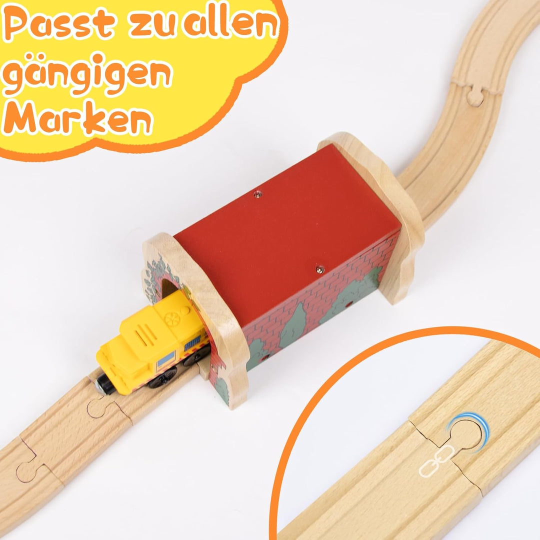 Holzeisenbahn Roter Tunnel Set mit 2 Kurzen Geraden, Holzeisenbahn Zubehör kompatibel mit führenden