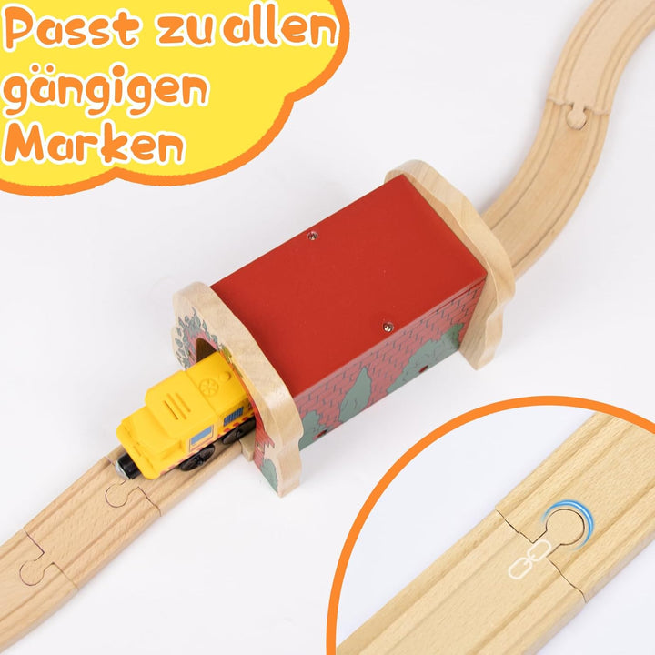 Holzeisenbahn Roter Tunnel Set mit 2 Kurzen Geraden, Holzeisenbahn Zubehör kompatibel mit führenden