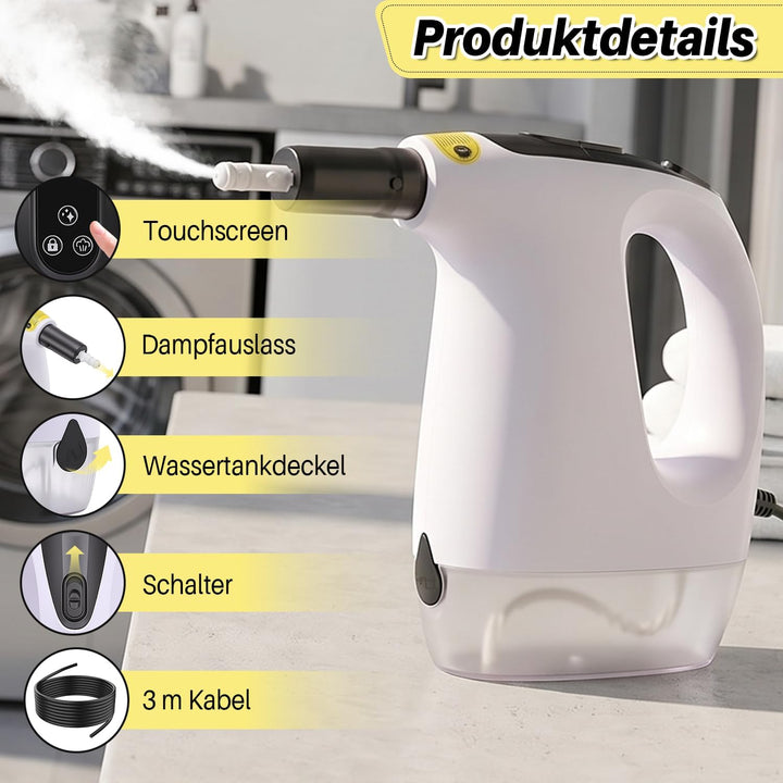 Dampfreiniger Handgerät 1200W, 500ml Handdampfreiniger mit 10 Zubehörteilen, 3 Dampfstufen, 20s Aufh