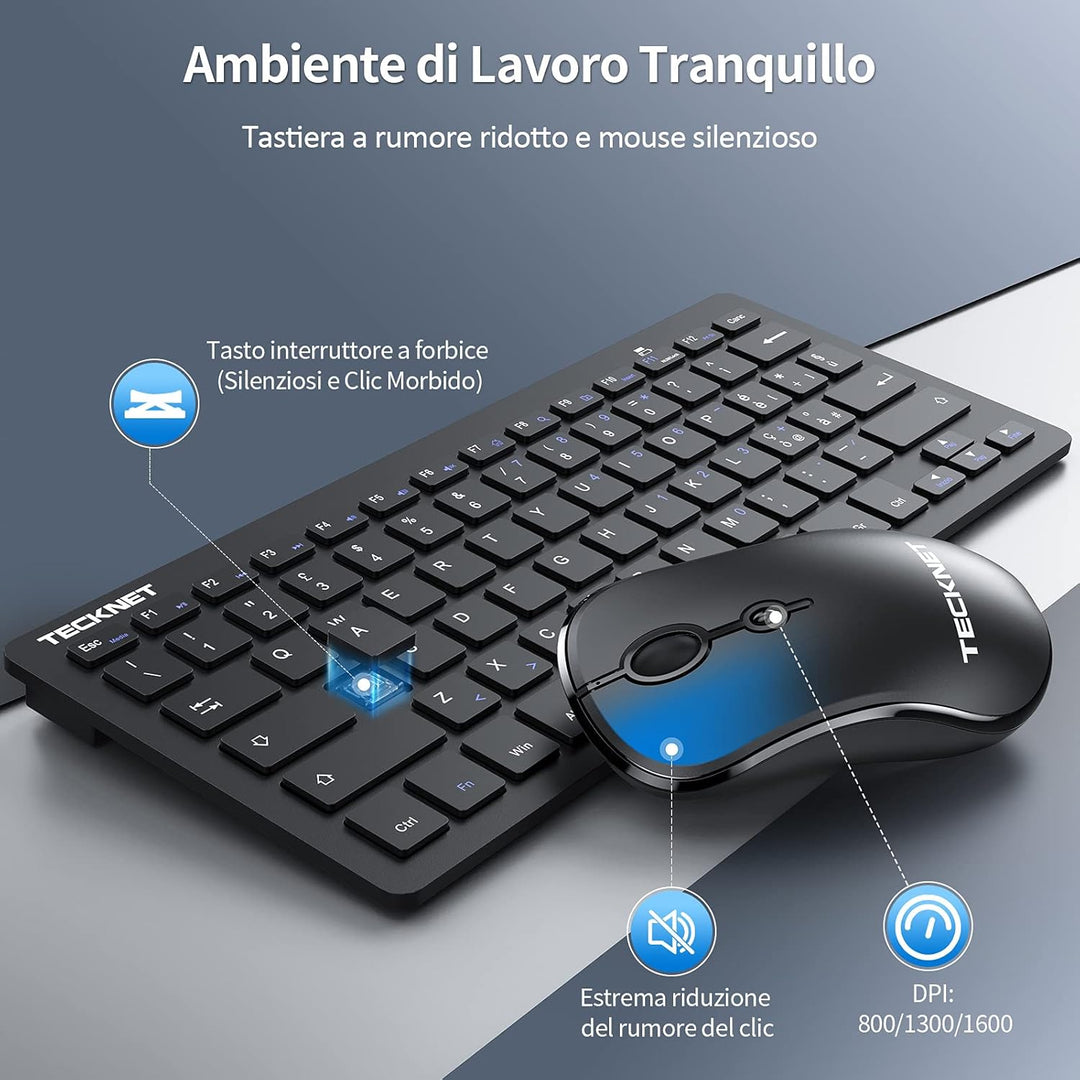 TECKNET Kabellose Tastatur und Maus-Set, 2,4 GHz, italienisches QWERTY-Layout, Slim Full-Size, Kombi