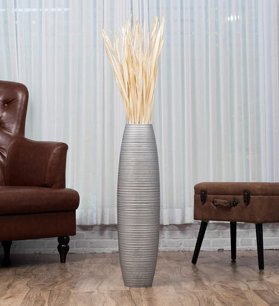 Leewadee Grosse Bodenvase für Dekozweige hohe Standvase Design Holzvase, Holz, 70 cm, Silber 70 cm S