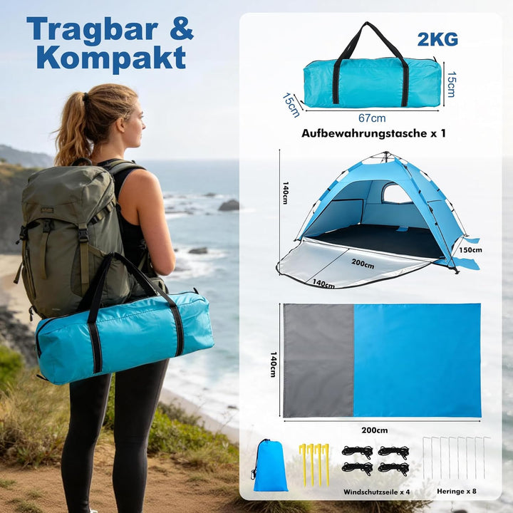 Strandzelt Strandmuschel Pop Up, UV Schutz 50+ Sonnenzelt mit Wasserdichter Strandmatte für 3-4 Pers