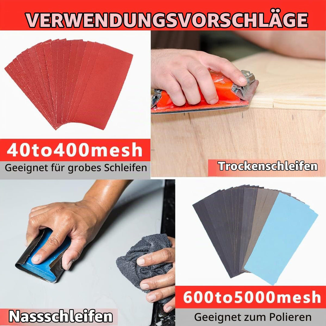 45 Stk Schleifpapier set mit Handschleifer , Sandpapier 93 x 230 mm, Körnung von 40 60 80 120 bis 20
