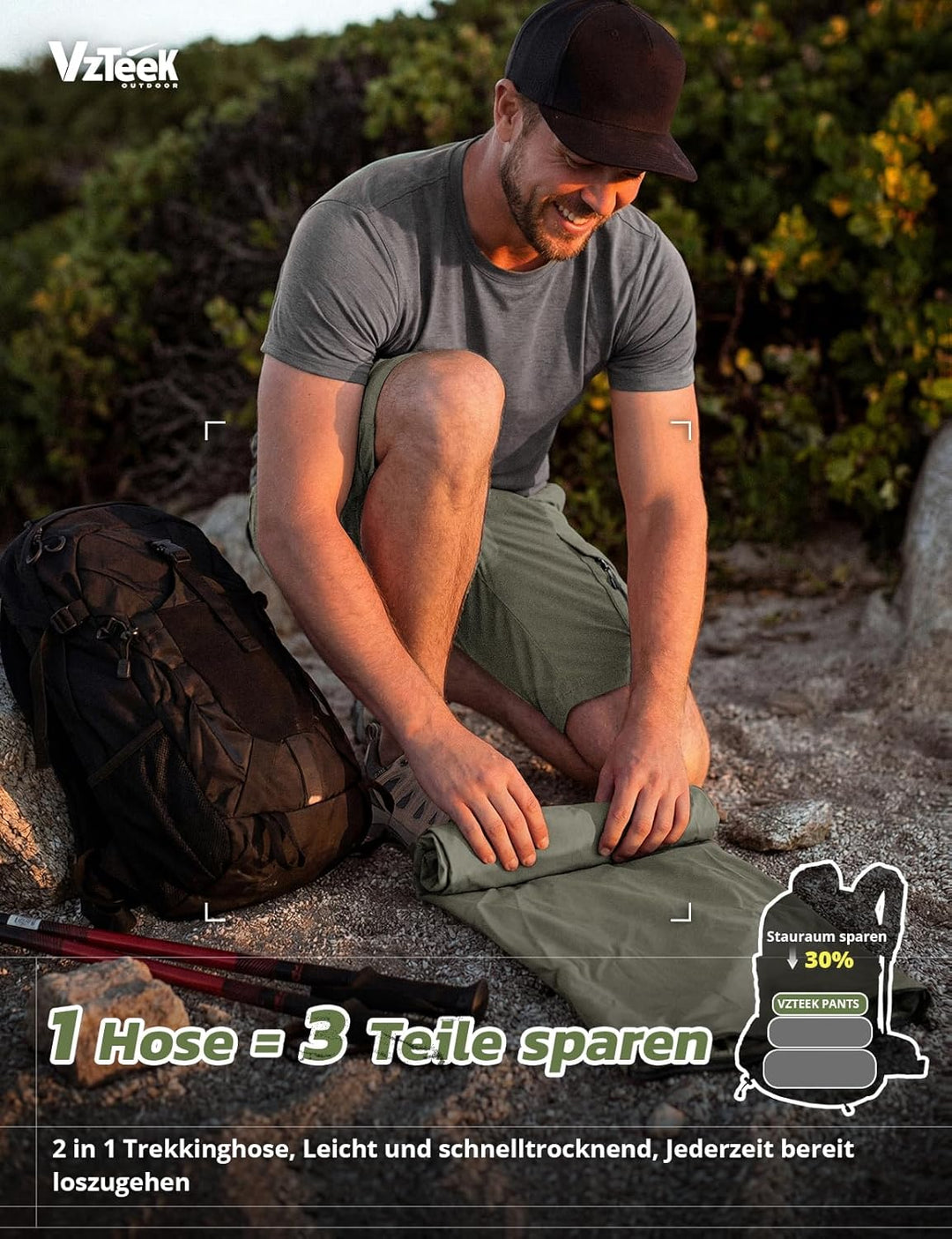 Vzteek Herren Wanderhose Zip Off Trekkinghose Outdoorhose Sommer Softshell Stretch Hose Kurz für Wan