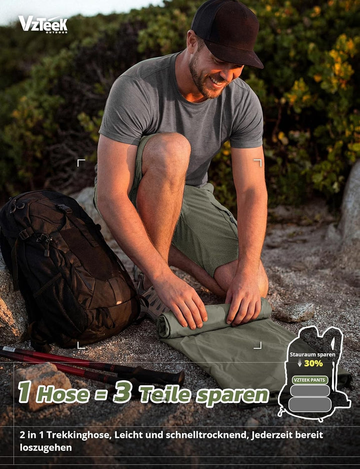 Vzteek Herren Wanderhose Zip Off Trekkinghose Outdoorhose Sommer Softshell Stretch Hose Kurz für Wan