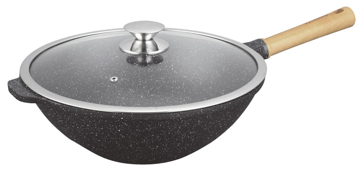 KAMBERG - Wok 32 cm – 5,0 Liter – fester Griff aus Holz – Aluminiumguss – Steinbeschichtung – Glasde