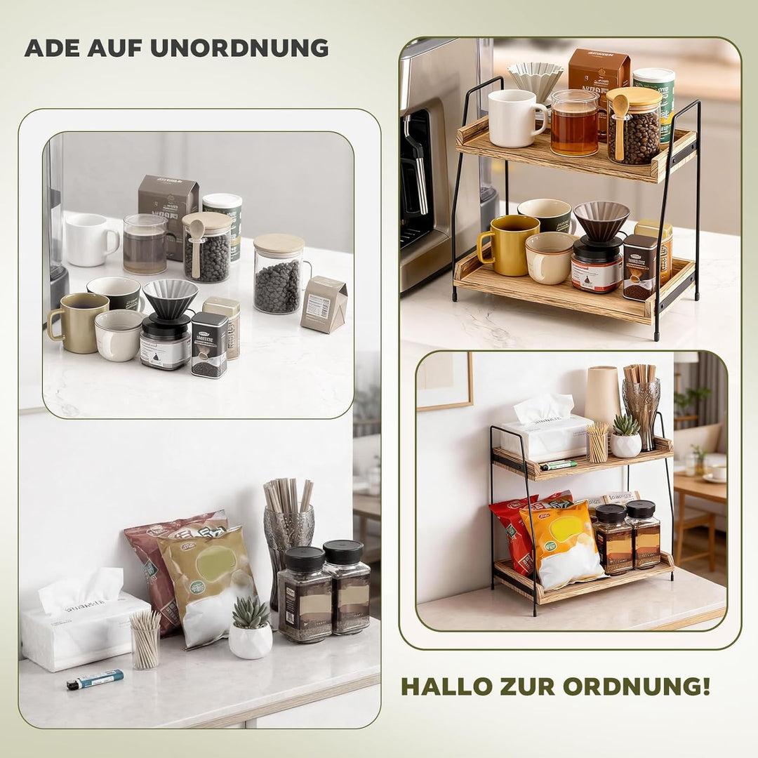 2-stufiges Organizer-Regal aus Holz & Metall | Kaffee- und Küchenregal mit Arbeitsplatte | Für Kosme