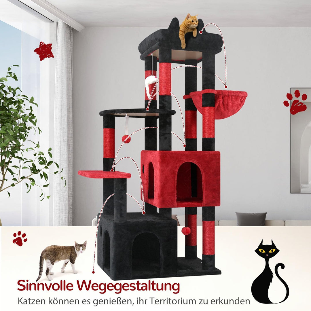 Globlazer Kratzbaum Schwarz Rot für 3-5 Grosse Katzen 156 cm mit 2 Extragross Katzenhaus 45 * 40 * 3