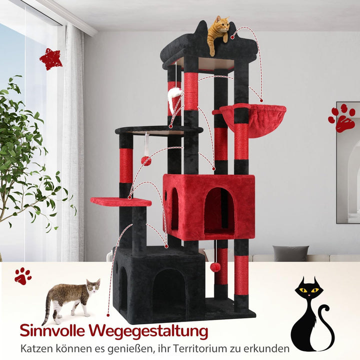Globlazer Kratzbaum Schwarz Rot für 3-5 Grosse Katzen 156 cm mit 2 Extragross Katzenhaus 45 * 40 * 3