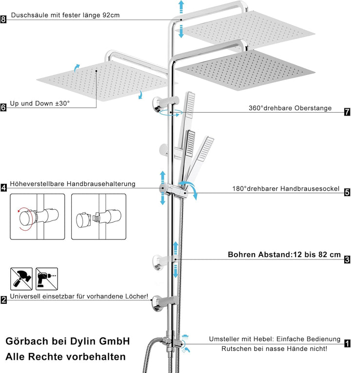 Görbach Edelstahl Duschset ohne Armatur, Chrom Duschsystem Regenduschset, Duschgarnitur mit eckige K