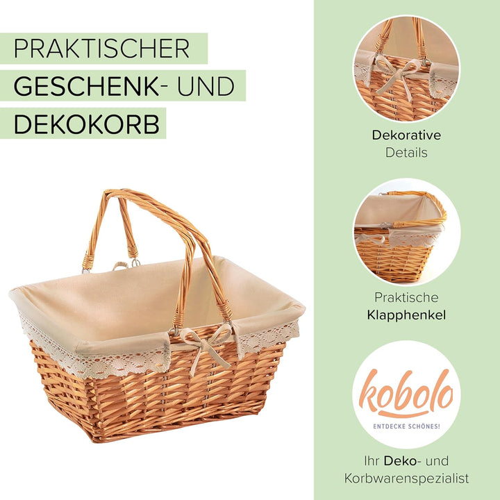 Kobolo Klappbügelkorb Weidenkorb mit Klapphenkeln eckig Textilfutter mit Häkelborte - braun - 40x30x