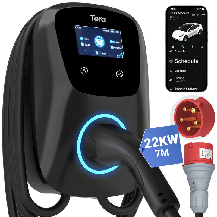 Tera EV Ladegerät Smart APP mit 32A Typ 2 22kW oder 11kW Heim Ladestation 400V CE & TÜV Wallbox 7m L