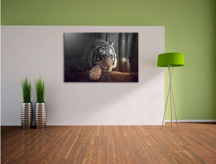 Pixxprint EIN Fantasy-Welt - eine Frau und EIN Riesen-Tiger B&W Detail, Format: 100x70 auf Leinwand,