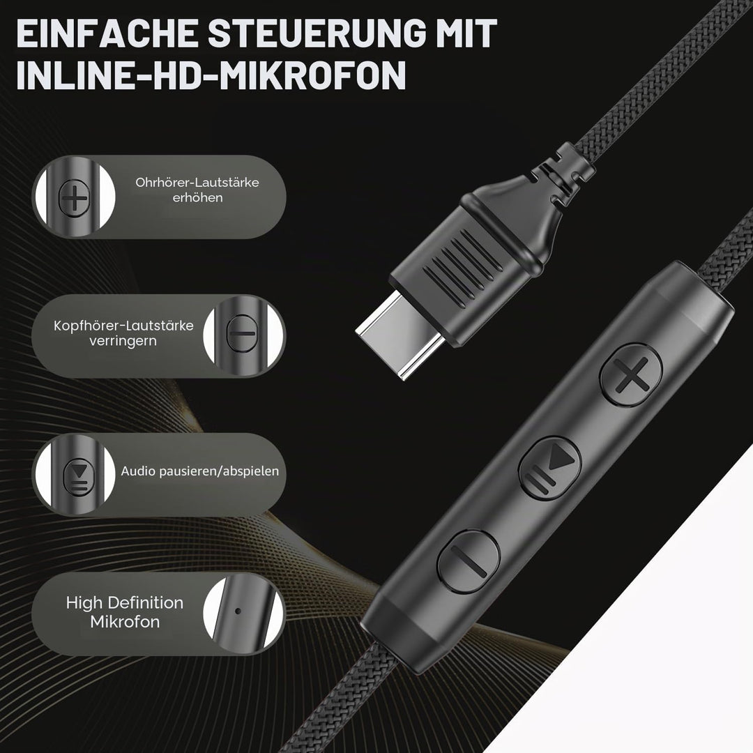 USB-C Kopfhörer mit Mikrofon und Lautstärkeregler, Over Ear Stereo Headsets für iPhone 15, 16 Pro, k