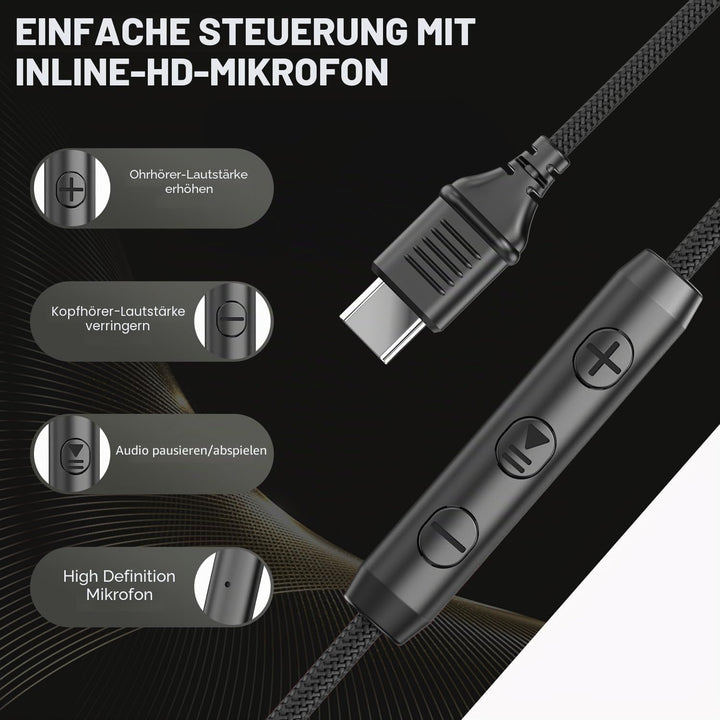 USB-C Kopfhörer mit Mikrofon und Lautstärkeregler, Over Ear Stereo Headsets für iPhone 15, 16 Pro, k