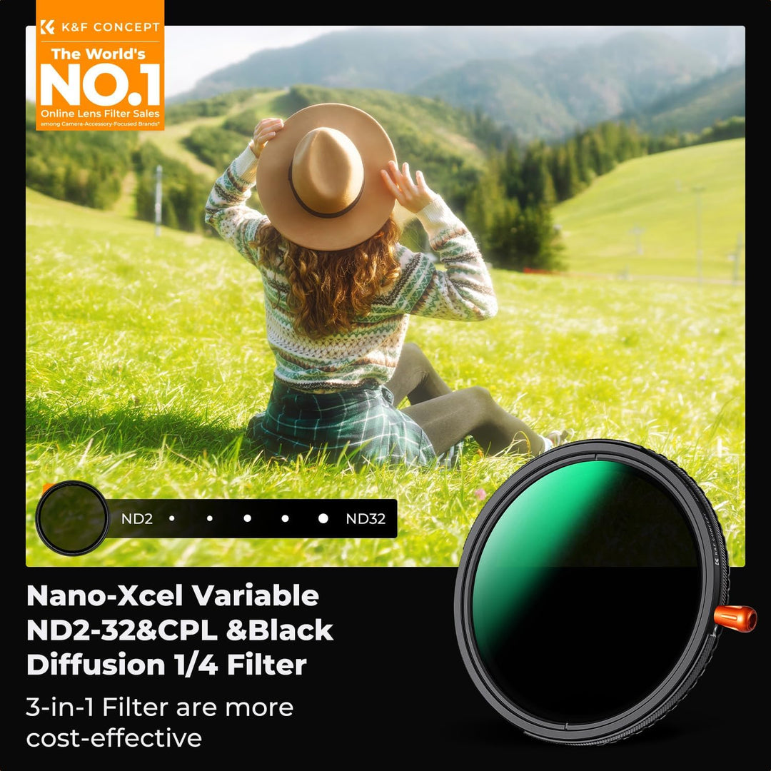 K&F CONCEPT Variabler ND2-32 (1-5 Blendenstufen)&Polfilter(CPL Filter)& Black Mist 1/4 Filter 95mm,