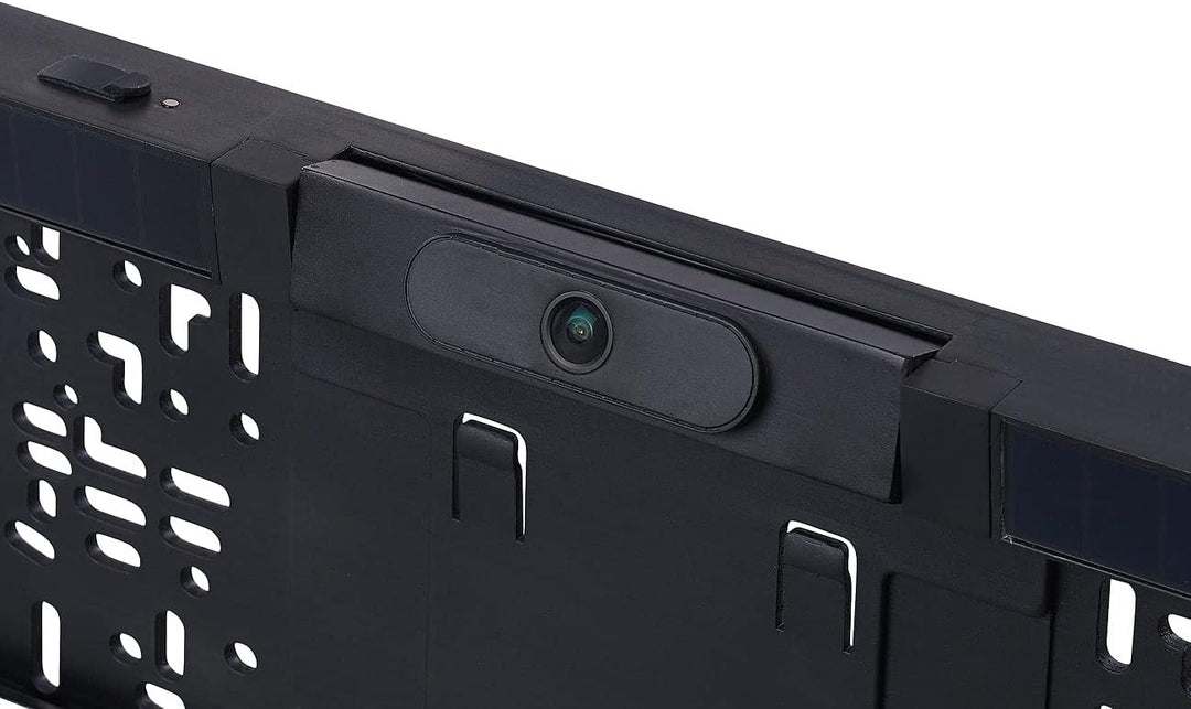 Lescars Rückfahrkamera: Solar-Funk-HD-Rückfahrcam Nummernschildhalter, Monitor, Abstandswarner (Rück