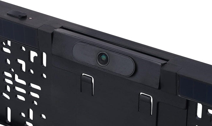 Lescars Rückfahrkamera: Solar-Funk-HD-Rückfahrcam Nummernschildhalter, Monitor, Abstandswarner (Rück