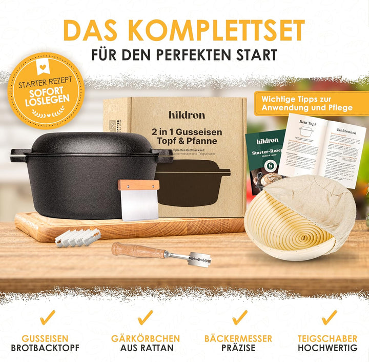 Gusseisen Topf Brot Backen inkl. Gärkorb, Bäckermesser & Teigschaber - 26cm Brotbackform mit Deckel