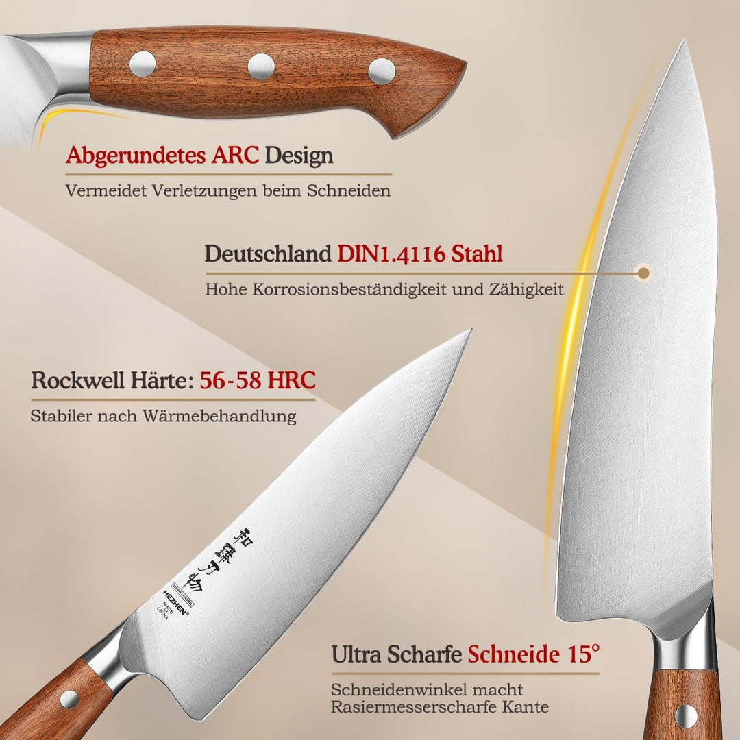 HEZHEN Messerset Profi Küchenmesser Set 5-Teilig，German Stahl Kochmesser Santoku Universal Tranchier