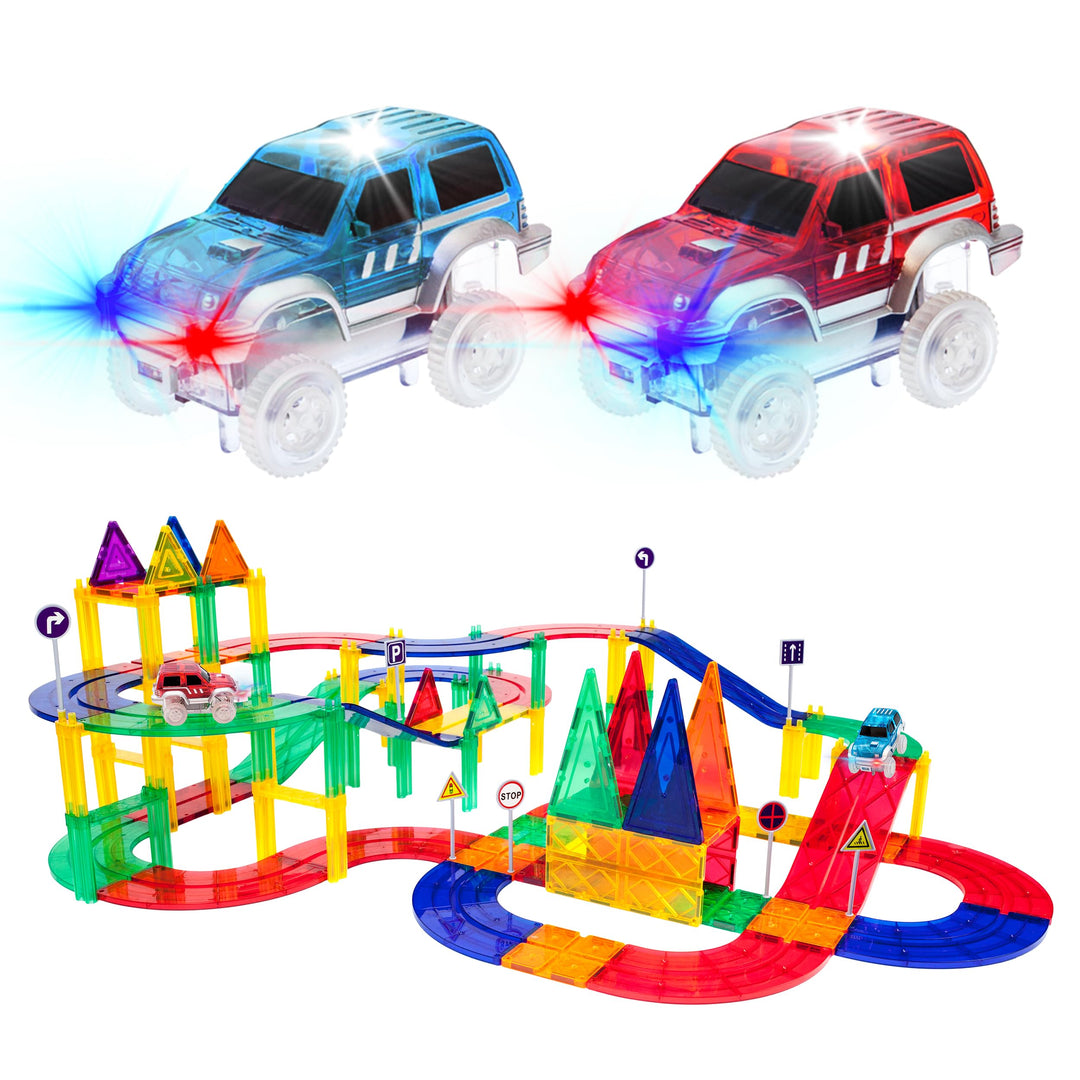 PicassoTiles 80 Stück Rennwagen Bahn Baustein Lernspielzeug Set Magnetische Fliesen Magnet DIY Spiel