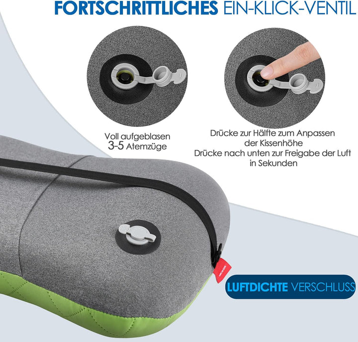 HIKENTURE Aufblasbares Camping/Reise Kissen mit Abziehbarem Kissenbezug, Ergonomisches Kopfkissen, K