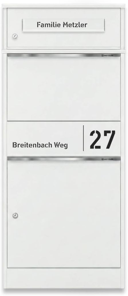 Metzler Paketbox draussen gross in Weiss RAL9016 - Briefkasten mit Paketfach personalisiert mit Grav