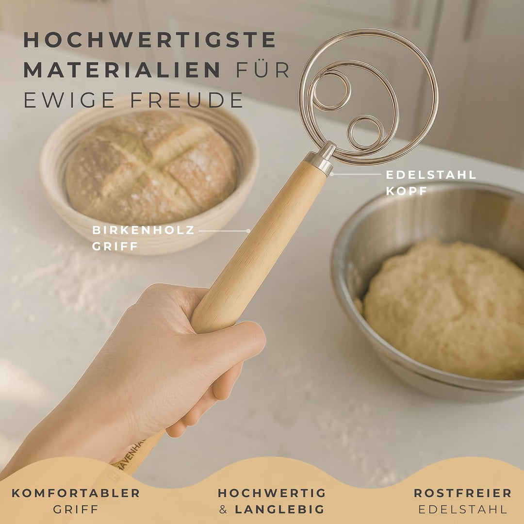 HAVENHAUS Backset Brotkorb Dänisch - Gärkörbchen Backen Set Sauerteig Brot Dänischer Schneebesen Gär