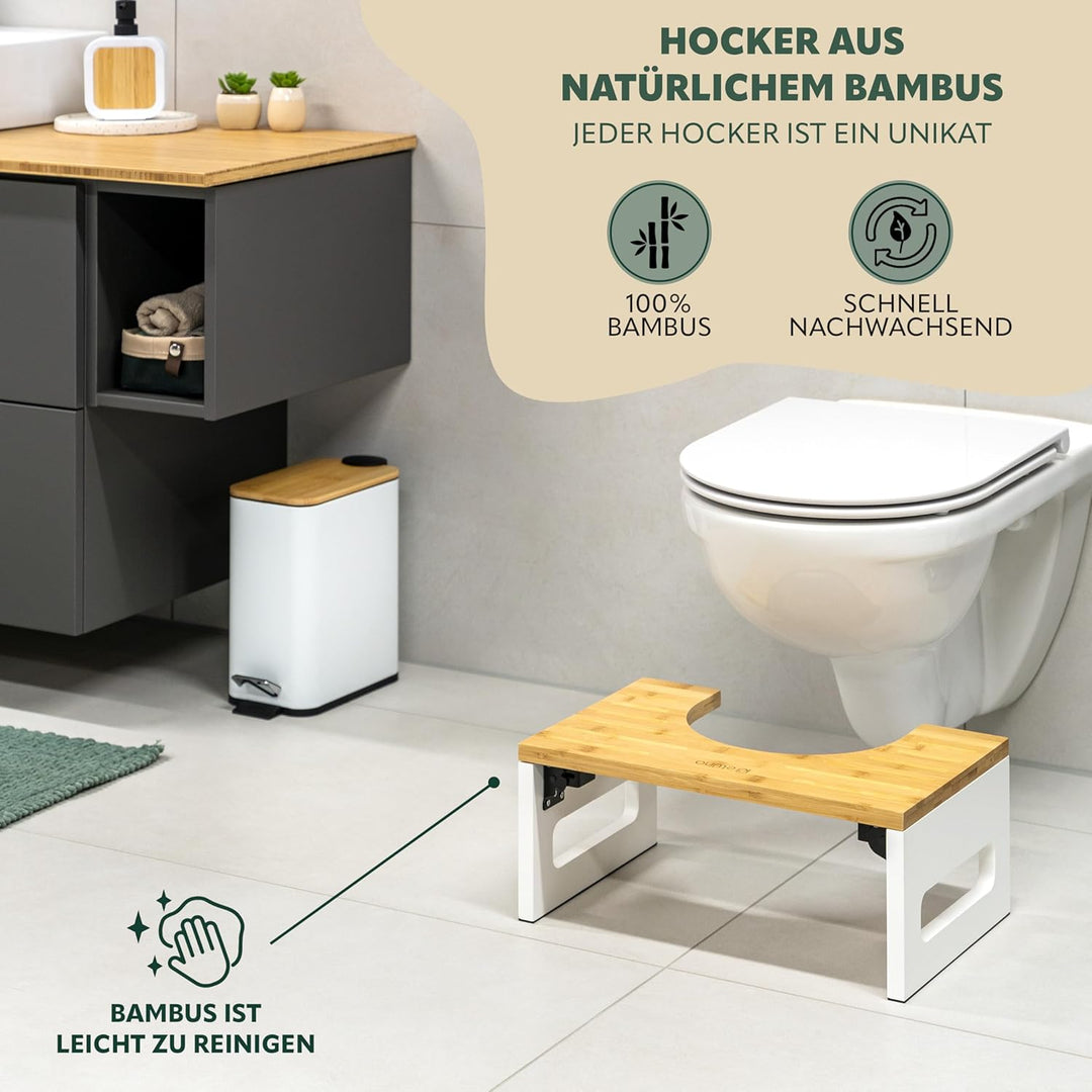 eluno Toilettenhocker, Fussbank aus Bambus mit Anti-Rutsch-Pads, platzsparend zusammenklappbar, Stab