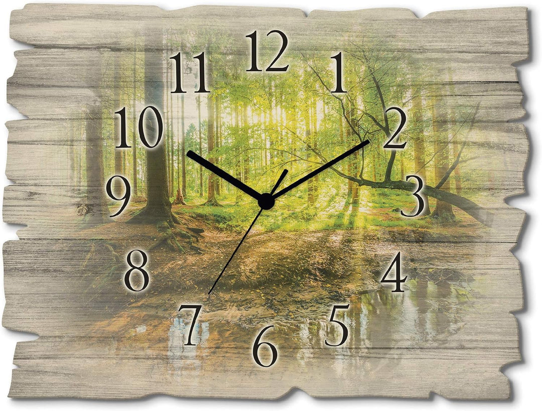 ARTLAND Wanduhr ohne Tickgeräusche aus Holz Quarzuhr 40x30 cm Rechteckig Lautlos Wald Landschaft Bac