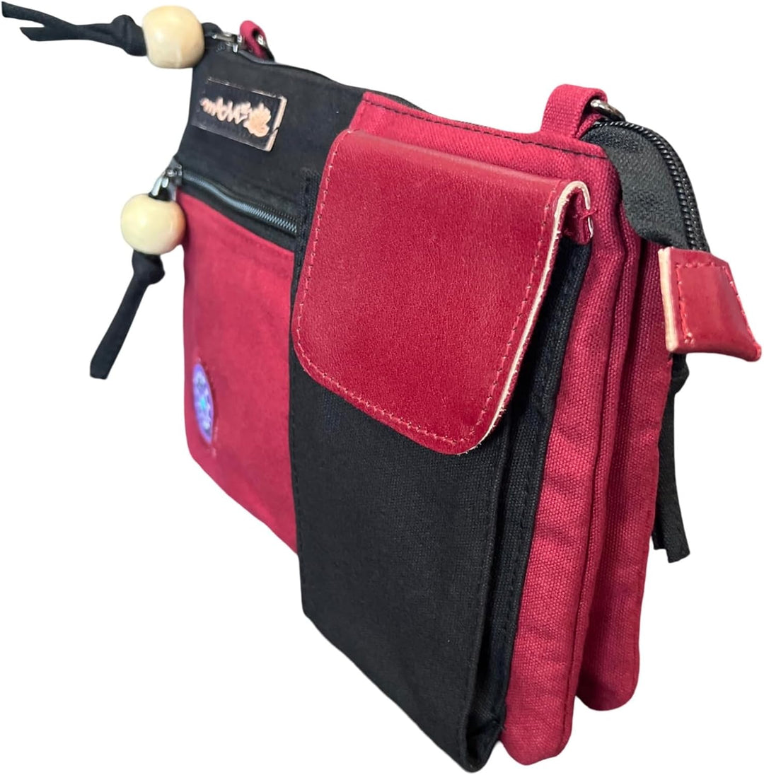 Macha Ethnische kleine Baumwolltasche mit bunten Drucken und Ledereinsätzen, Ethnische indische Baum