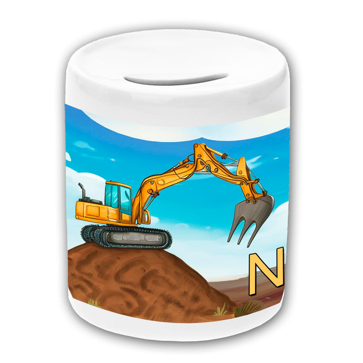 Keramik Spardose mit Personalisierung z.B. Name und Schriftartwahl (Bagger), Bagger
