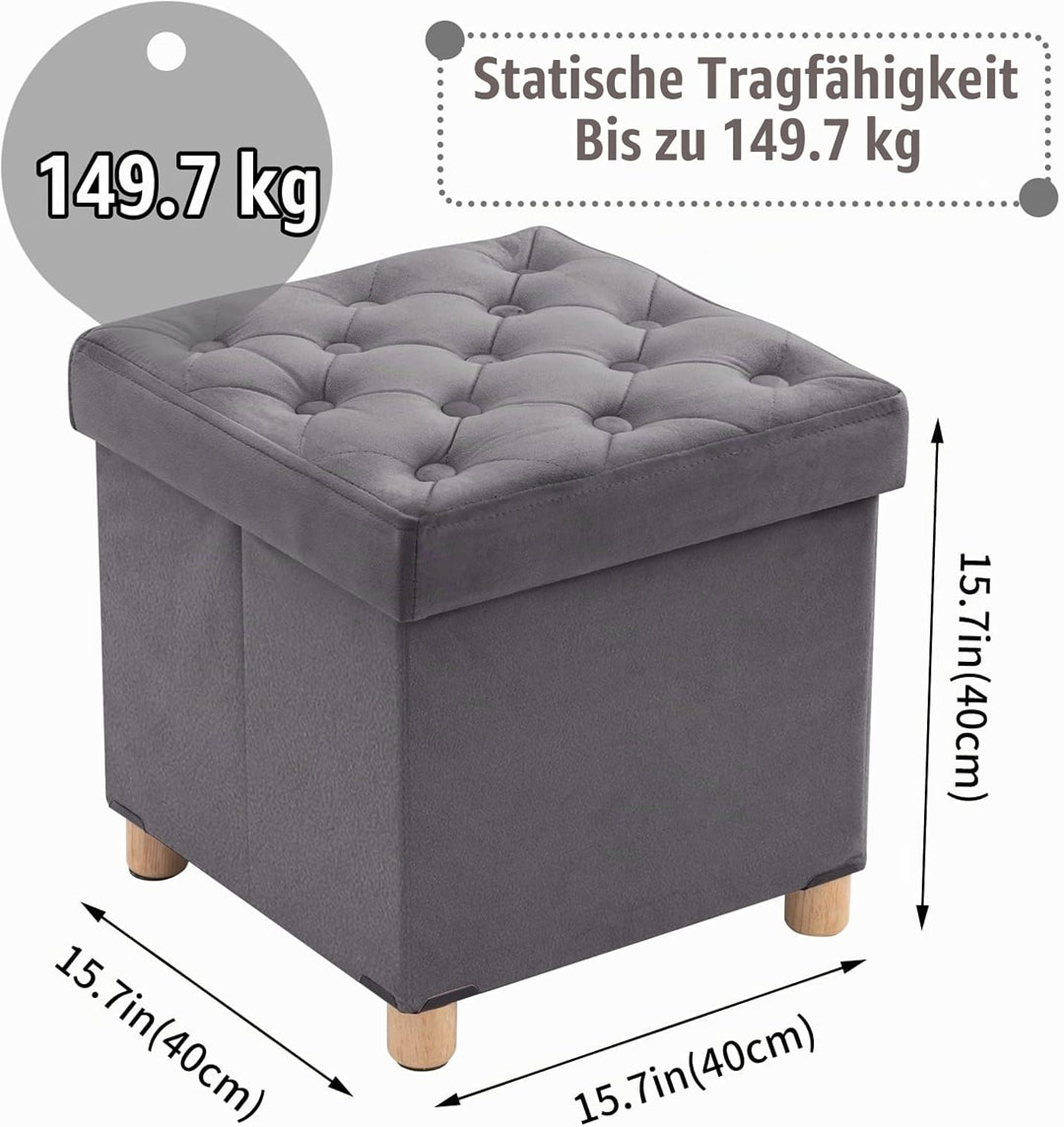 BRIAN &amp; DANY Faltbarer Sitzhocker Samt mit Stauraum und Deckel mit Holzfüssen, 40 x 40 x 40 cm, Grau