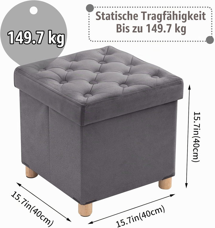 BRIAN &amp; DANY Faltbarer Sitzhocker Samt mit Stauraum und Deckel mit Holzfüssen, 40 x 40 x 40 cm, Grau