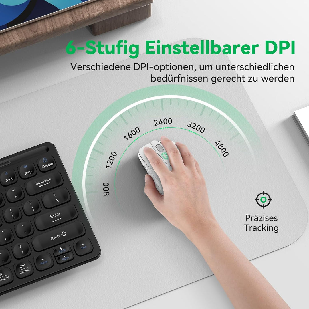 TechRise Bluetooth Maus, 2.4G Maus Kabellos (BT 5.0/3.0 + 2.4G) 4800 DPI Wiederaufladbare Ergonomisc