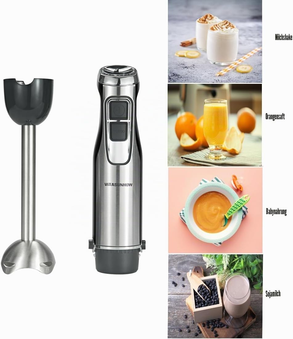 800W Stabmixer, 4-IN-1 Edelstahl Multifunktionsmixer mit Pürierstab 600ml Mixbecher 500ml Lebensmitt