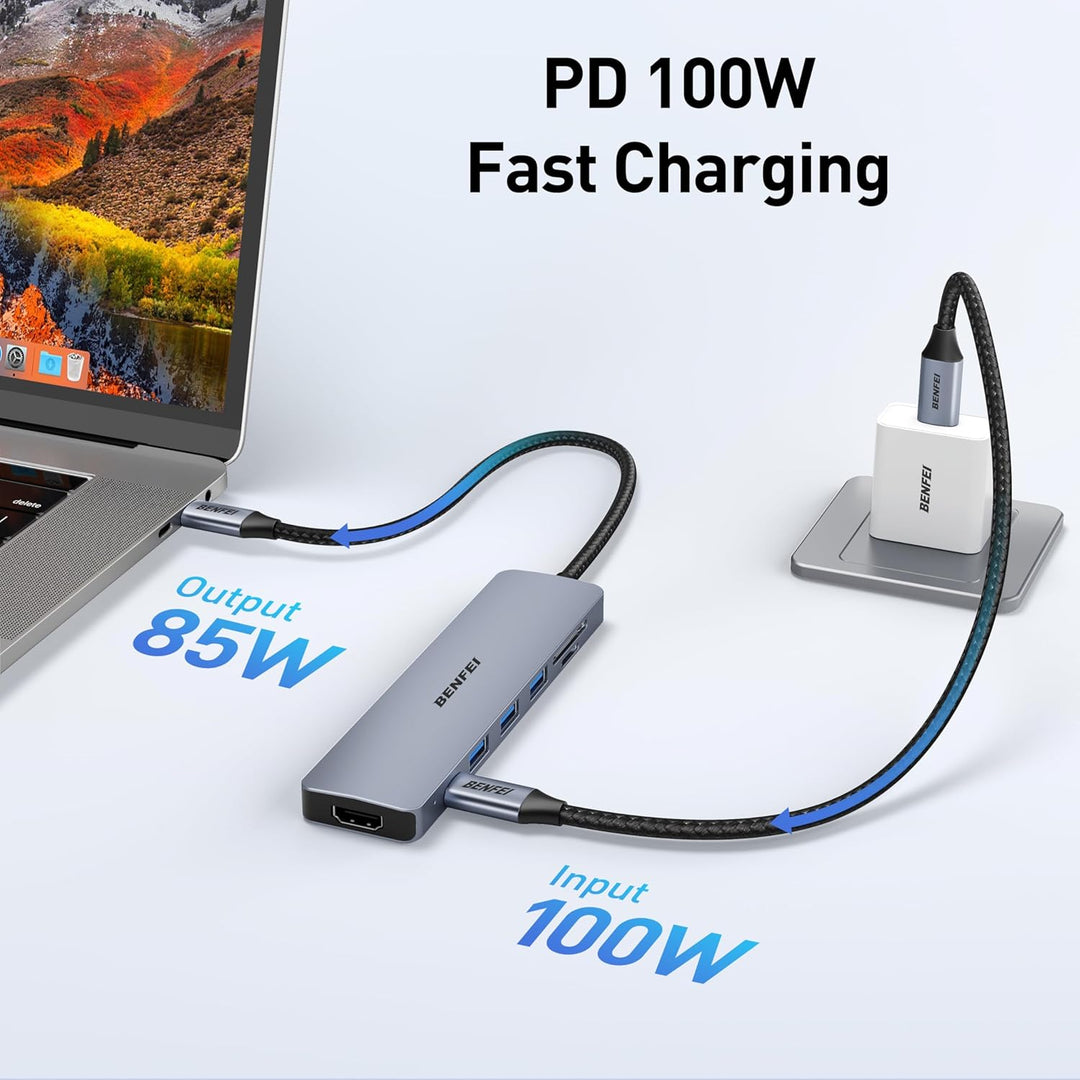 BENFEI USB C HUB 7in1,USB-C HUB Multiport Adapter mit HDMI(4K@60Hz Zertifiziert)/100W Power Delivery