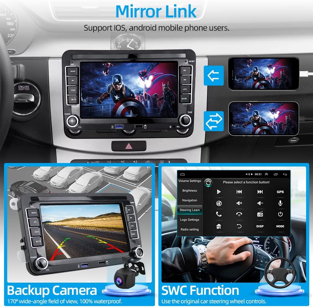 Podofo 2 Din Android 11 Autoradio für VW Golf 5 6 Polo Seat Skoda Radio mit Wireless Apple Carplay,