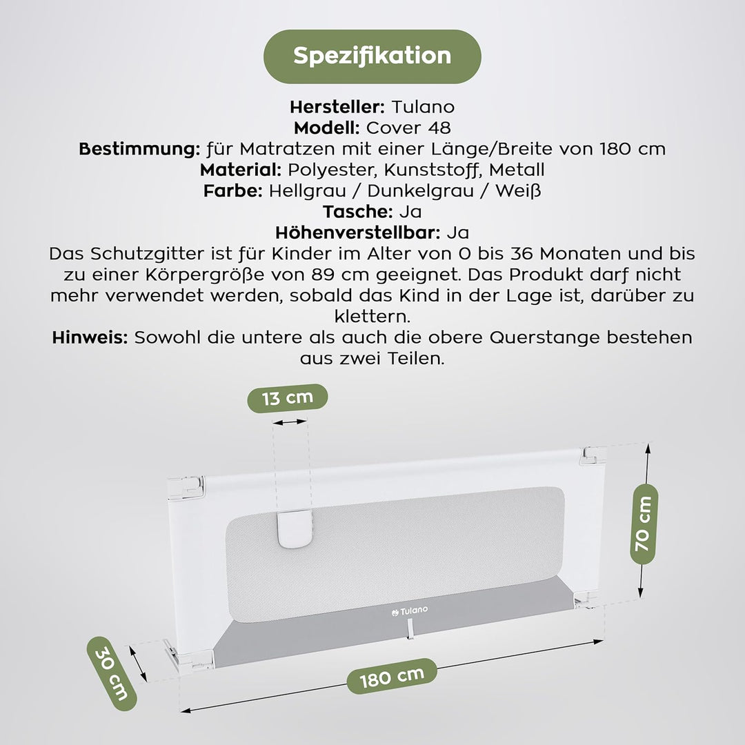 TULANO Cover 48, Bettgitter Kinderbett, Sicherheitsgitter Absenkfunktion, 18-Fach höhenverstellbar,