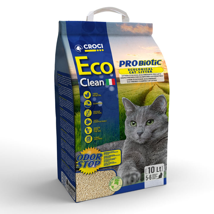 Croci Eco Clean Probiotic Litter 10 L - Klumpende Katzenstreu, Biologisch abbaubar, Toilettenspülung