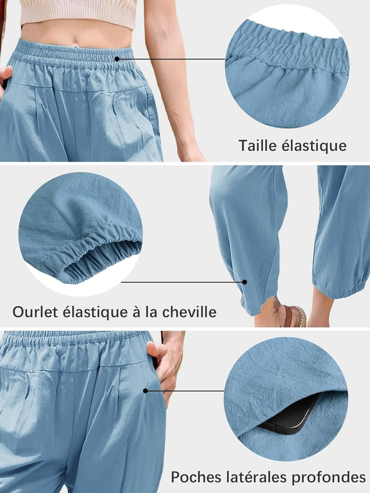 Les umes Damen Baumwolle Casual Capri Hose Elastische Taille Sommer Hose Haremhose mit Hellblau S, H
