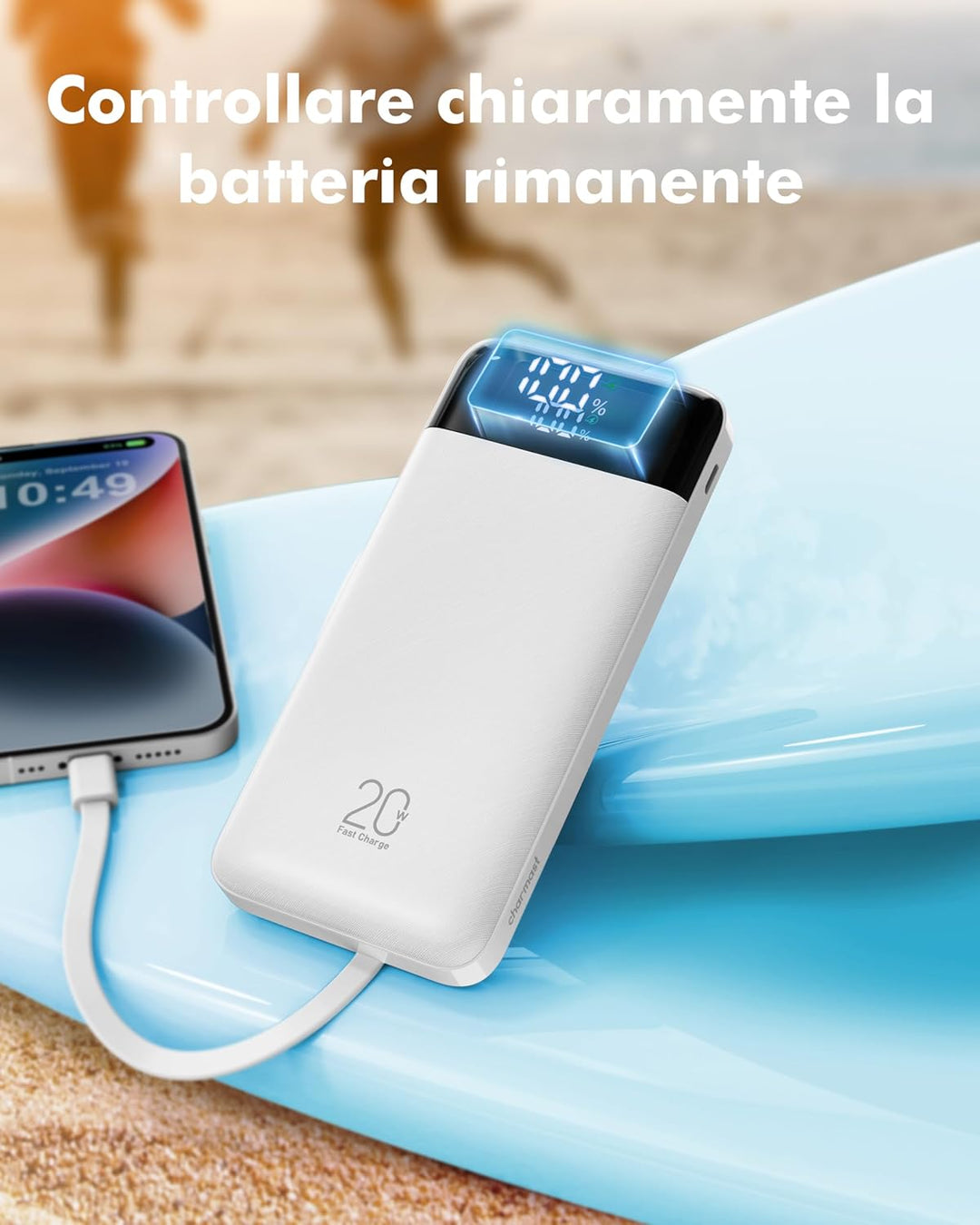 Charmast Power Bank, 22,5W Powerbank 20000mAh mit USB-C Kabel und LED-Display, PD3.0 QC4.0 Externe H