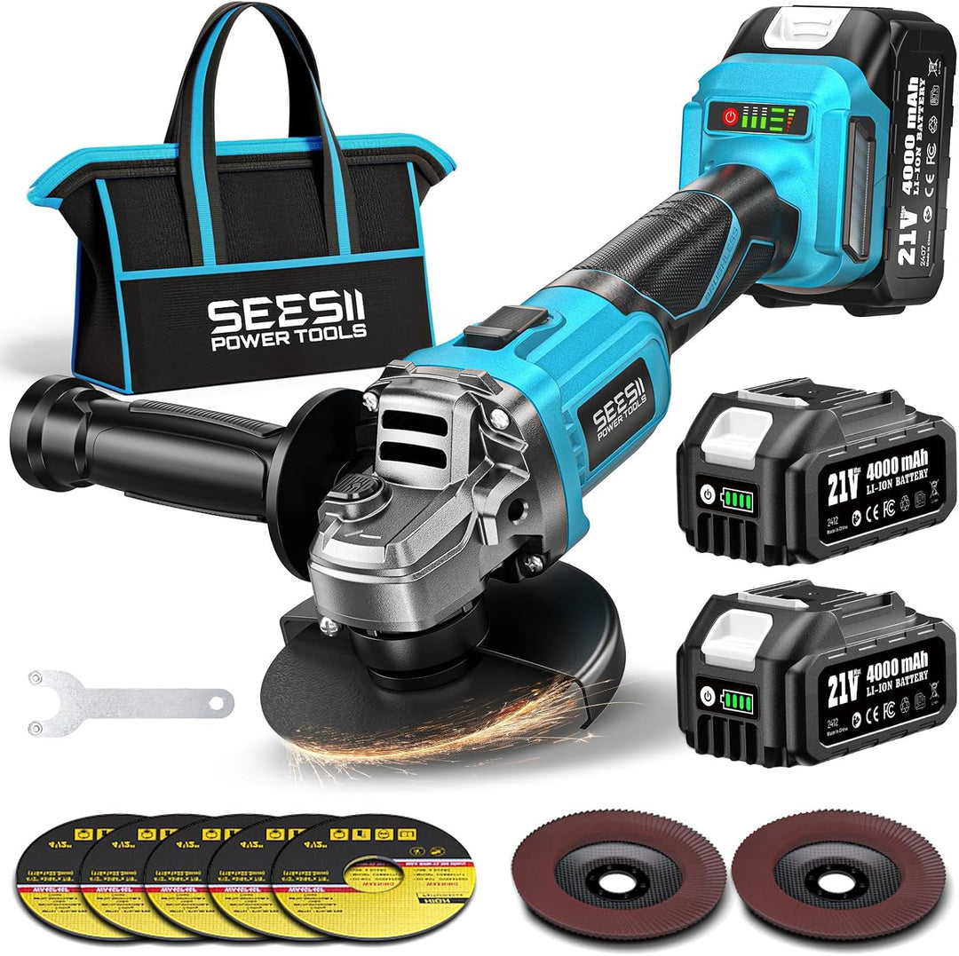 SEESII Akku Winkelschleifer 125 mm, Flex Winkelschleifer mit 2x 4000mAh Akku, 10,000RPM Bürstenloser
