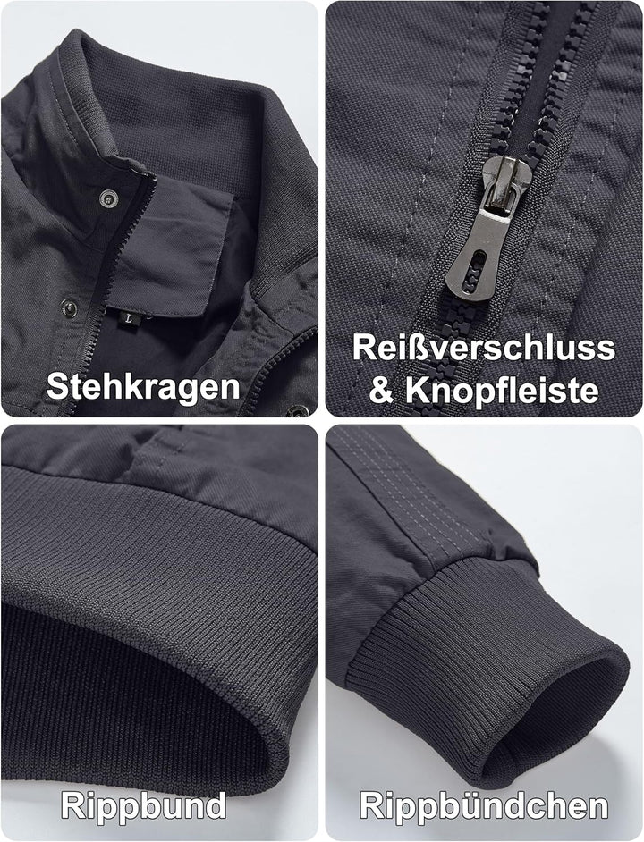 EKLENTSON Herren Übergangsjacke Frühling Cargo Jacke Freizeitjacke mit Vielen Taschen XL Grau, XL Gr
