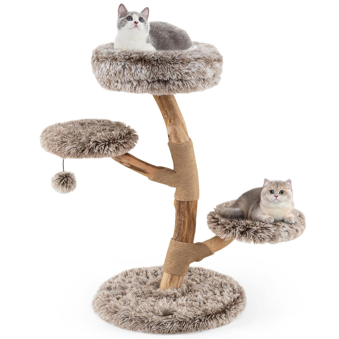 COSTWAY 90cm Kratzbaum Holz, Katzenbaum mit Kratzpfosten aus Massivholz und Jute, 4 Plüschsitzfläche