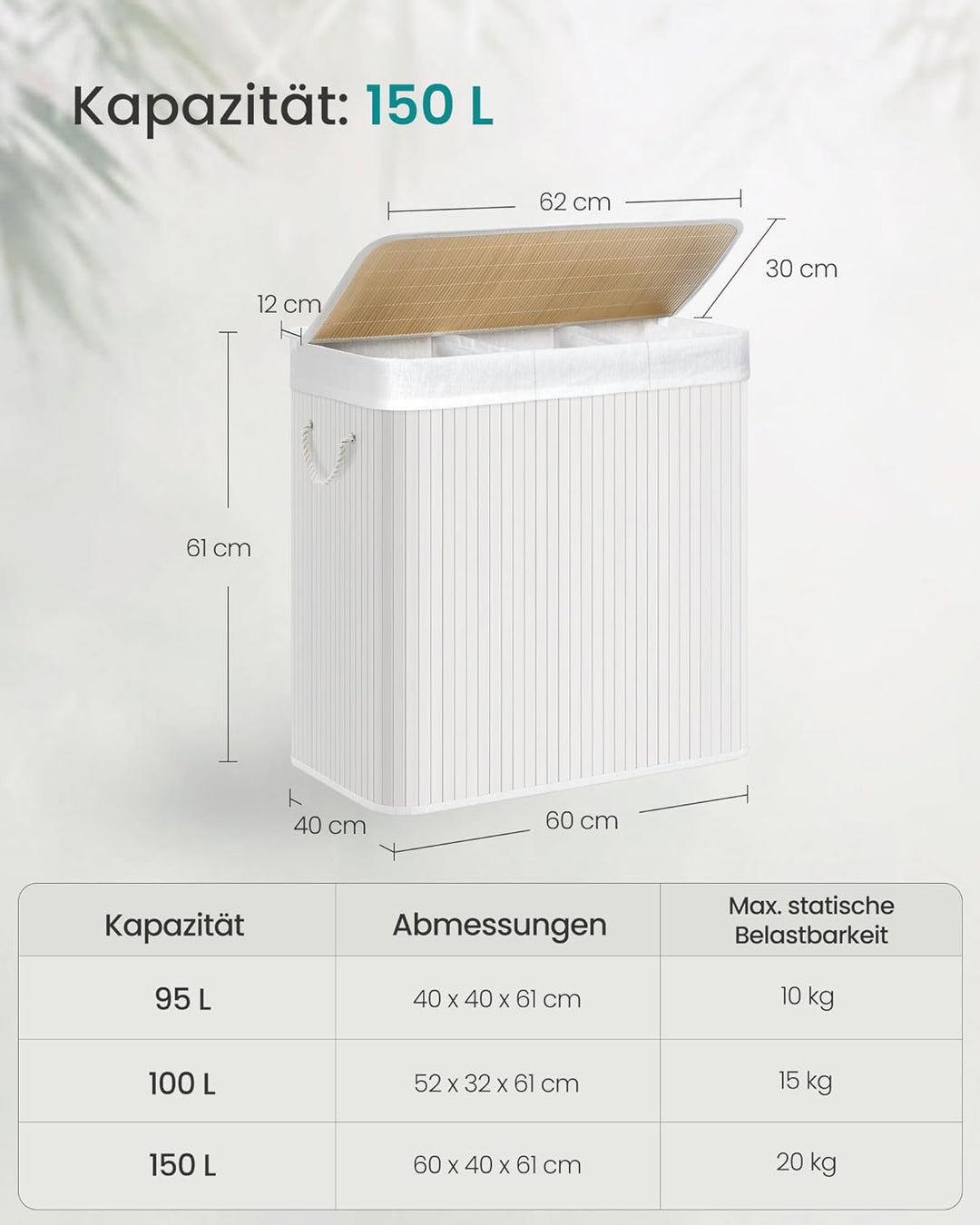 SONGMICS 150L Wäschekorb, Wäschebox mit Deckel, Wäschesortierer, aus Bambus, mit Griffen, 3 Fächern,