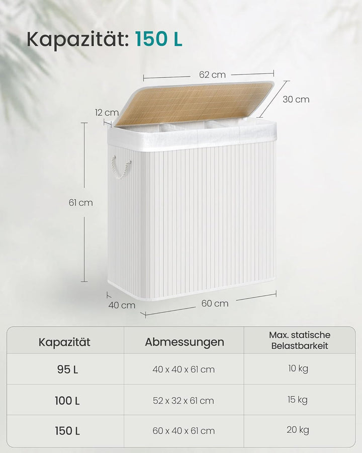 SONGMICS 150L Wäschekorb, Wäschebox mit Deckel, Wäschesortierer, aus Bambus, mit Griffen, 3 Fächern,