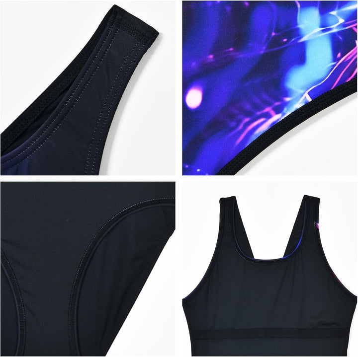 Damen Sport Badeanzug Racerback Schwarz Sport Bademode, Dynamisches Neon