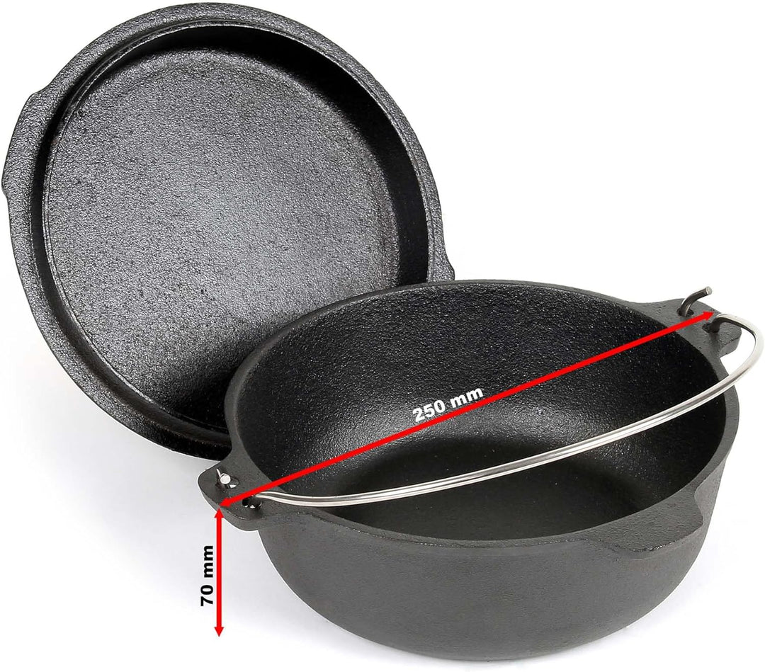 Dutch Oven 3l mit Untersetzer und Deckelheber, Kochtopf aus Gusseisen für Lagerfeuer und Camping