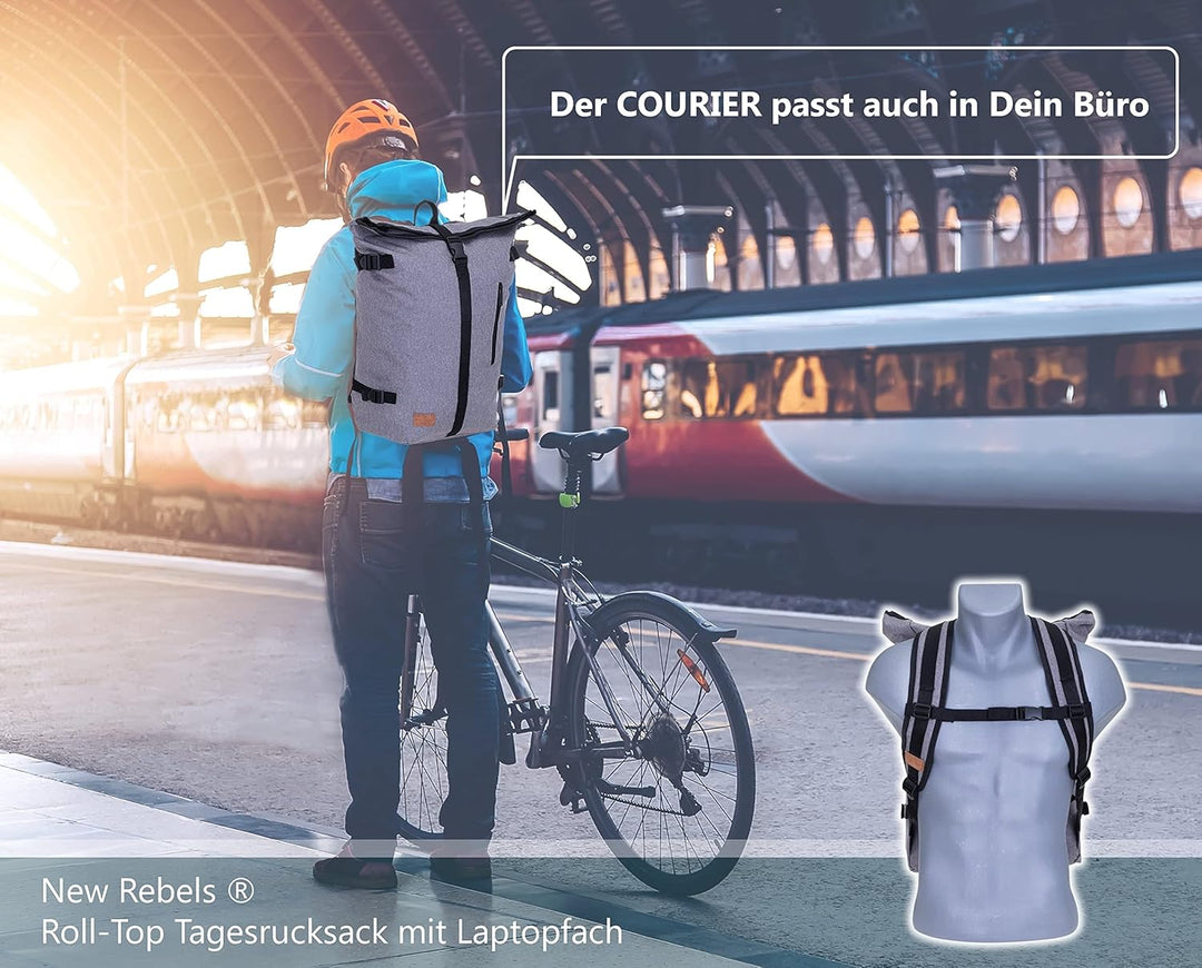 New Rebels Rucksack COURIER A4 Roll Up Kurierrucksack + Flasche (Grau), Grau